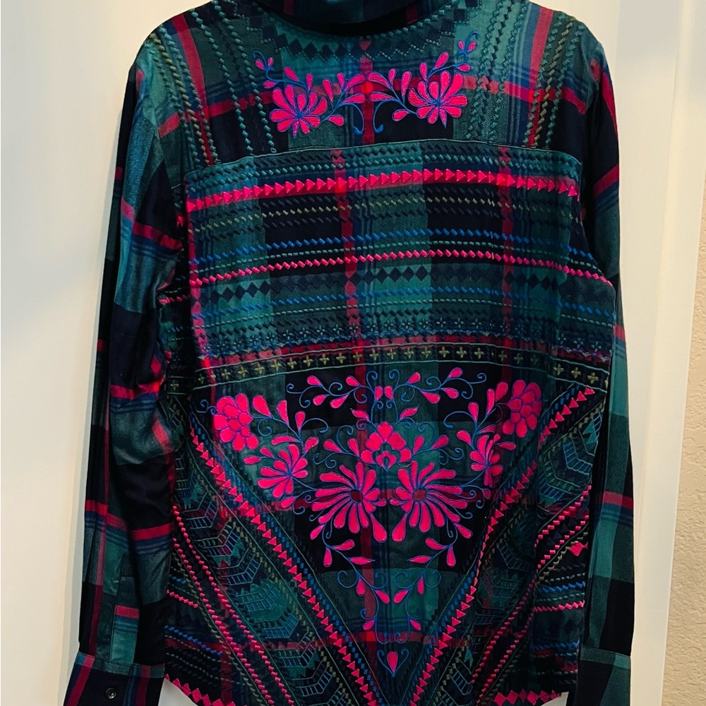 Tolani Collection Plaid Button-Up Embroidered Shirt with Pink Green and black-
